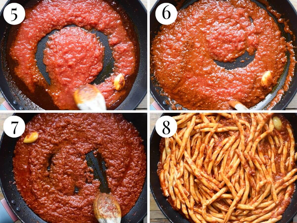 Four photos in a collage showing how to make an Nduja pasta sauce with Fileja pasta.
