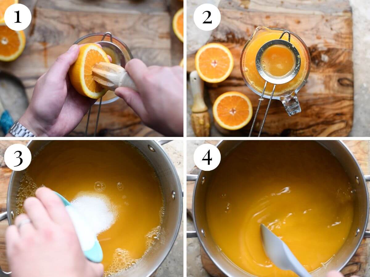 Four photos in a collage showing how to juice oranges and make a syrup for sorbet.