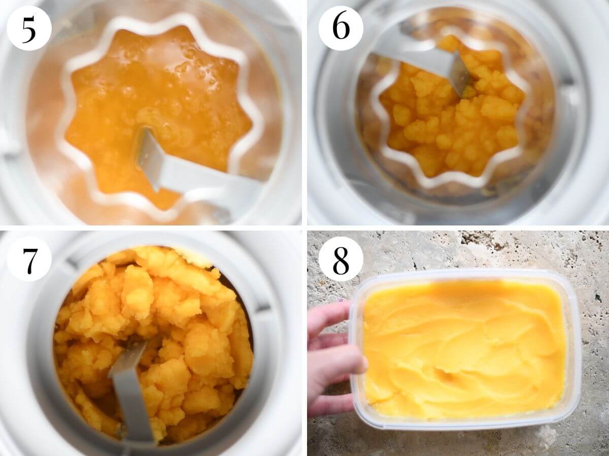 Four photos in a collage showing how to make orange sorbet with an ice cream machine.