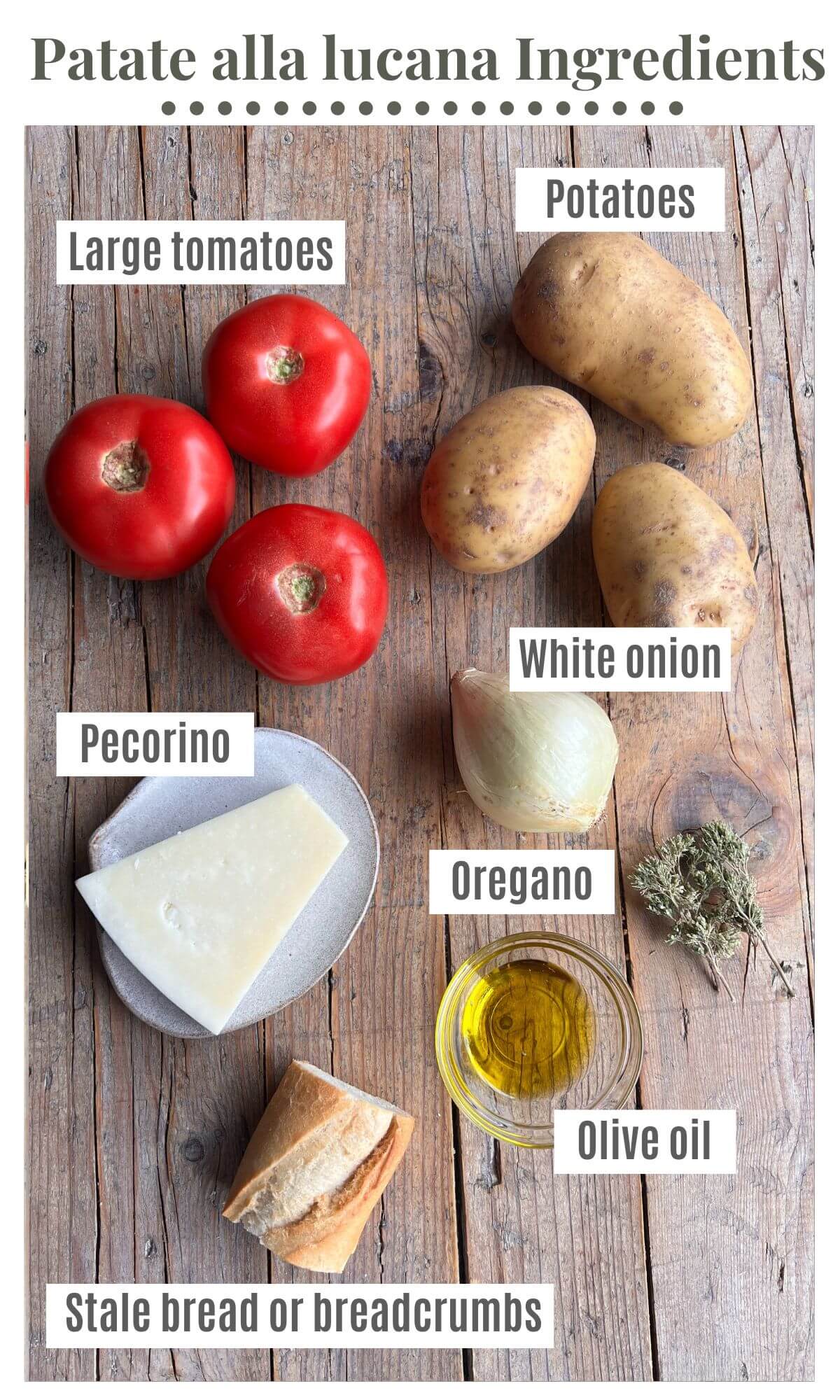 An overhead shot of all the ingredients needed to make Patate alla Lucana (Italian Potato Gratin).