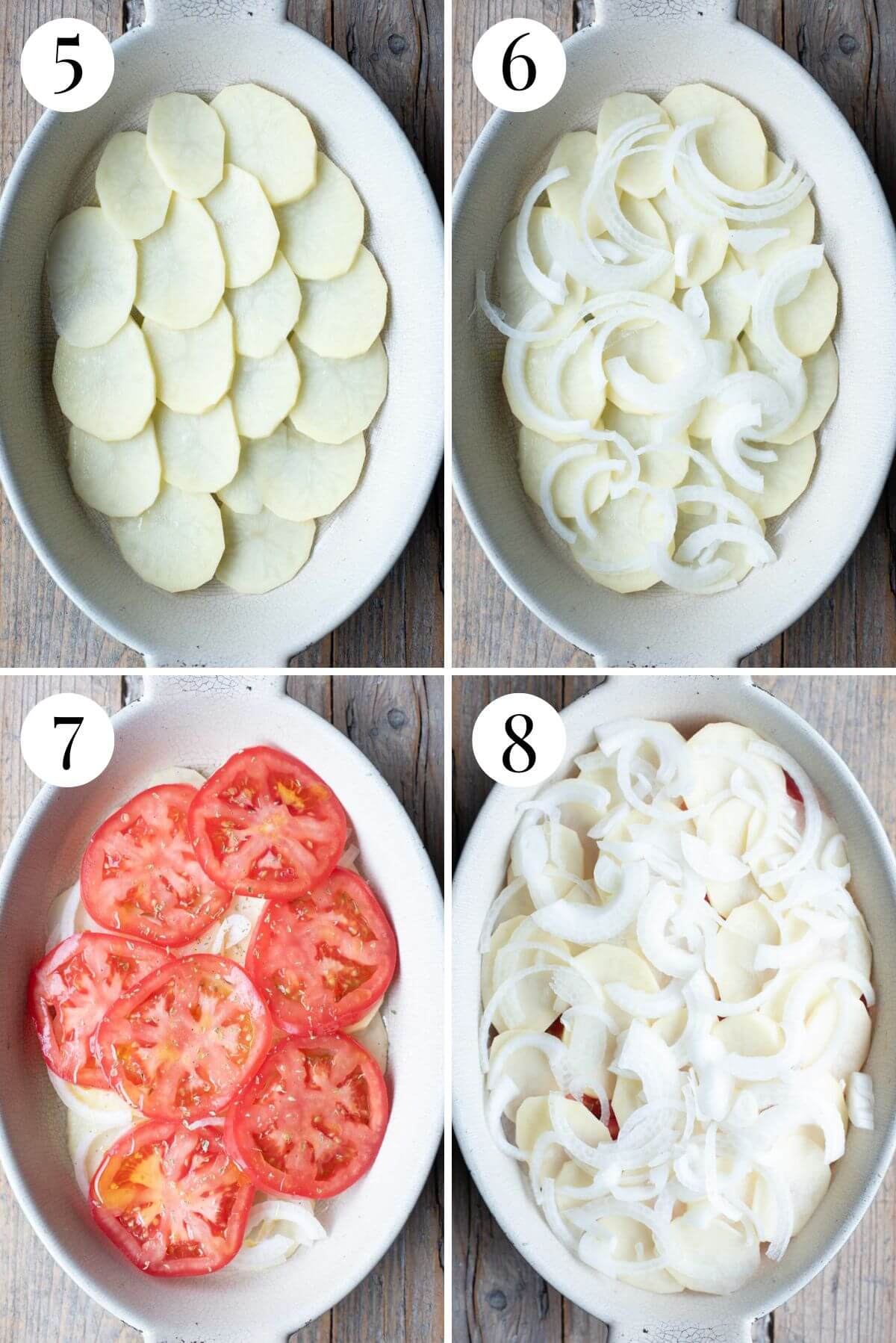 Four photos in a collage showing how to layer an Italian potato gratin.