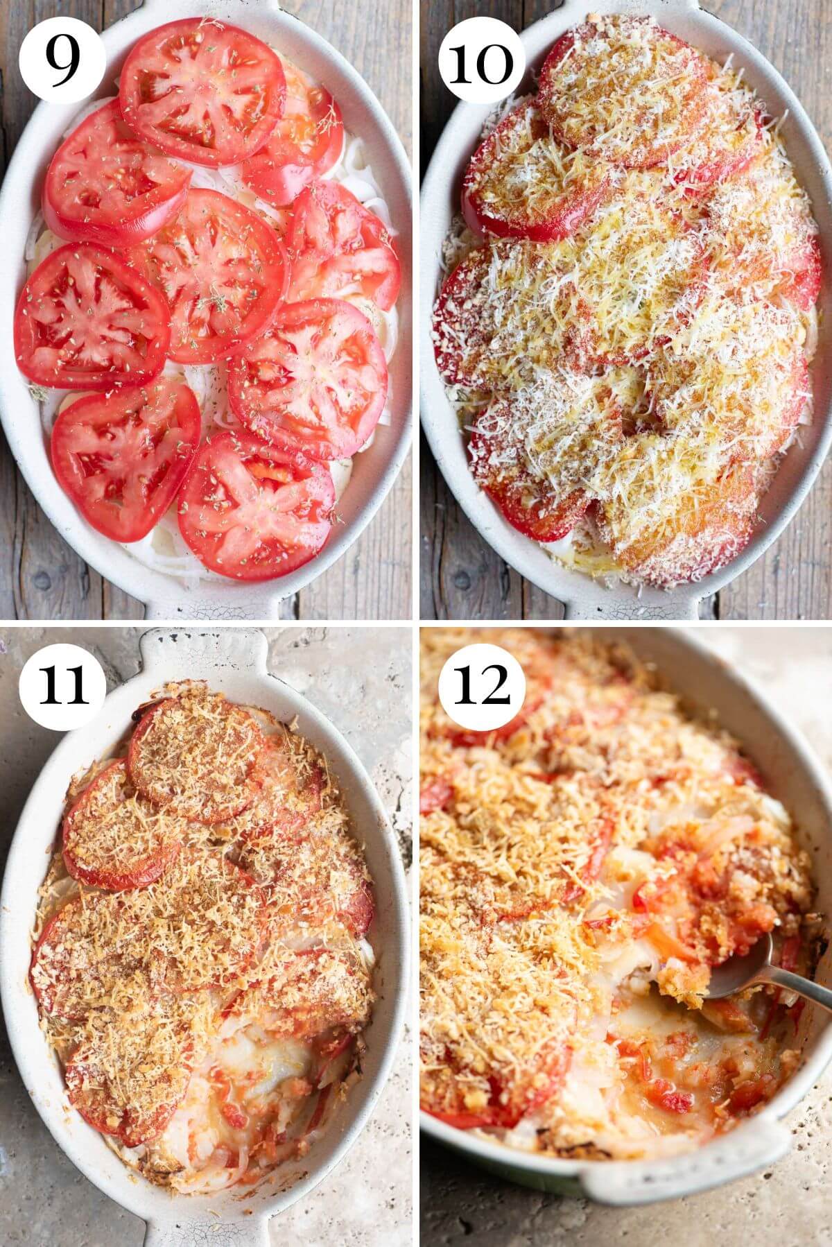 Four photos in a collage showing how to layer and bake Patate alla Lucana.