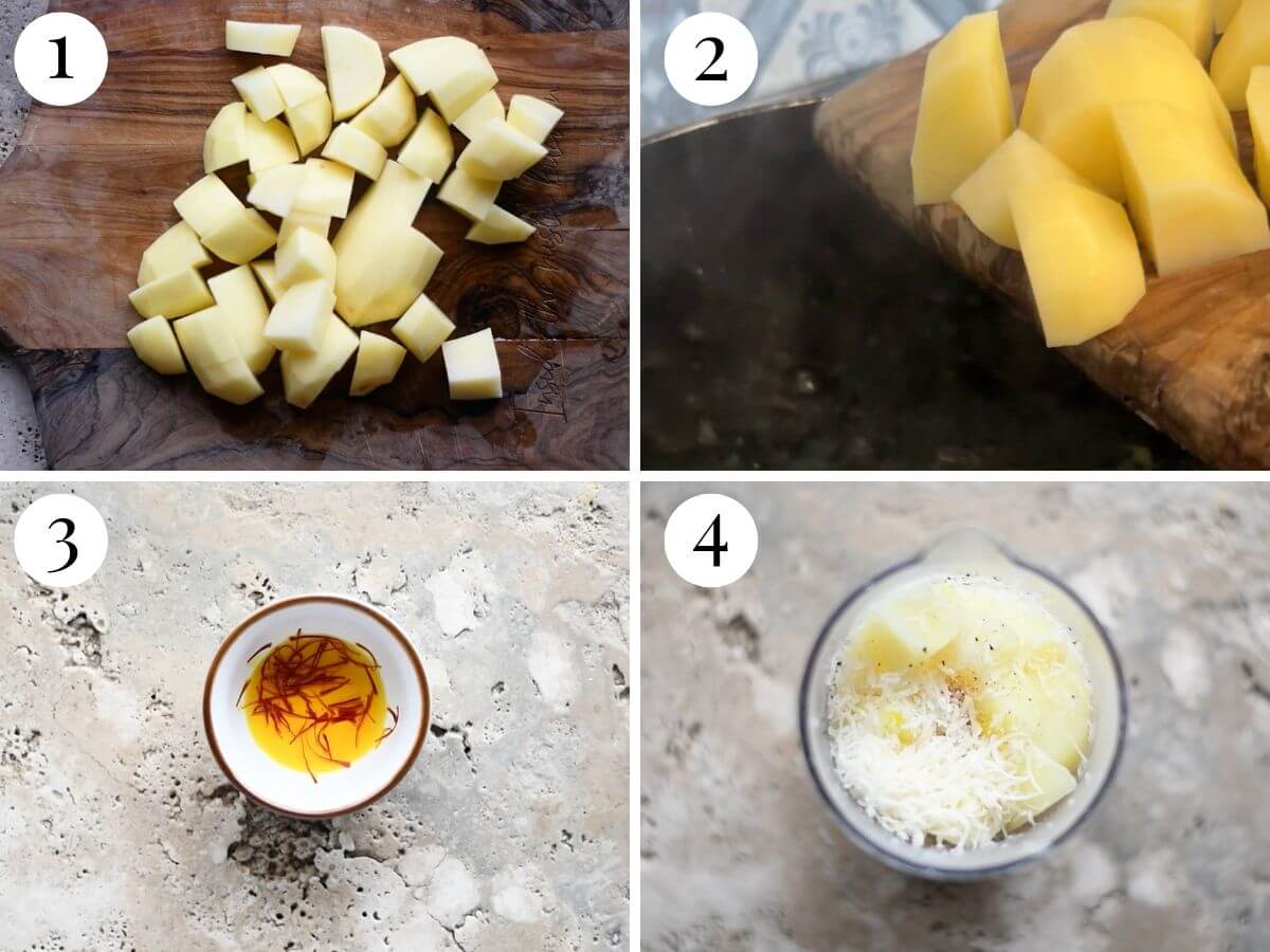 Four photos in a collage showing how to make a saffron potato puree.