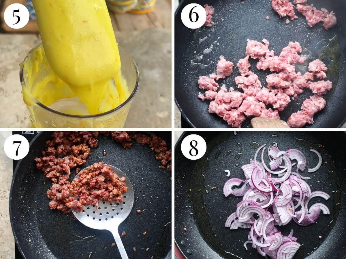 Four photos in a collage showing how to saute sausages and onions.