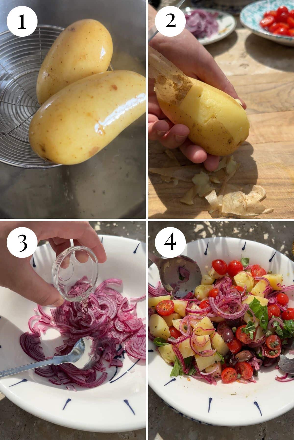 Four photos in a collage showing how to make a Sicilian potato salad.
