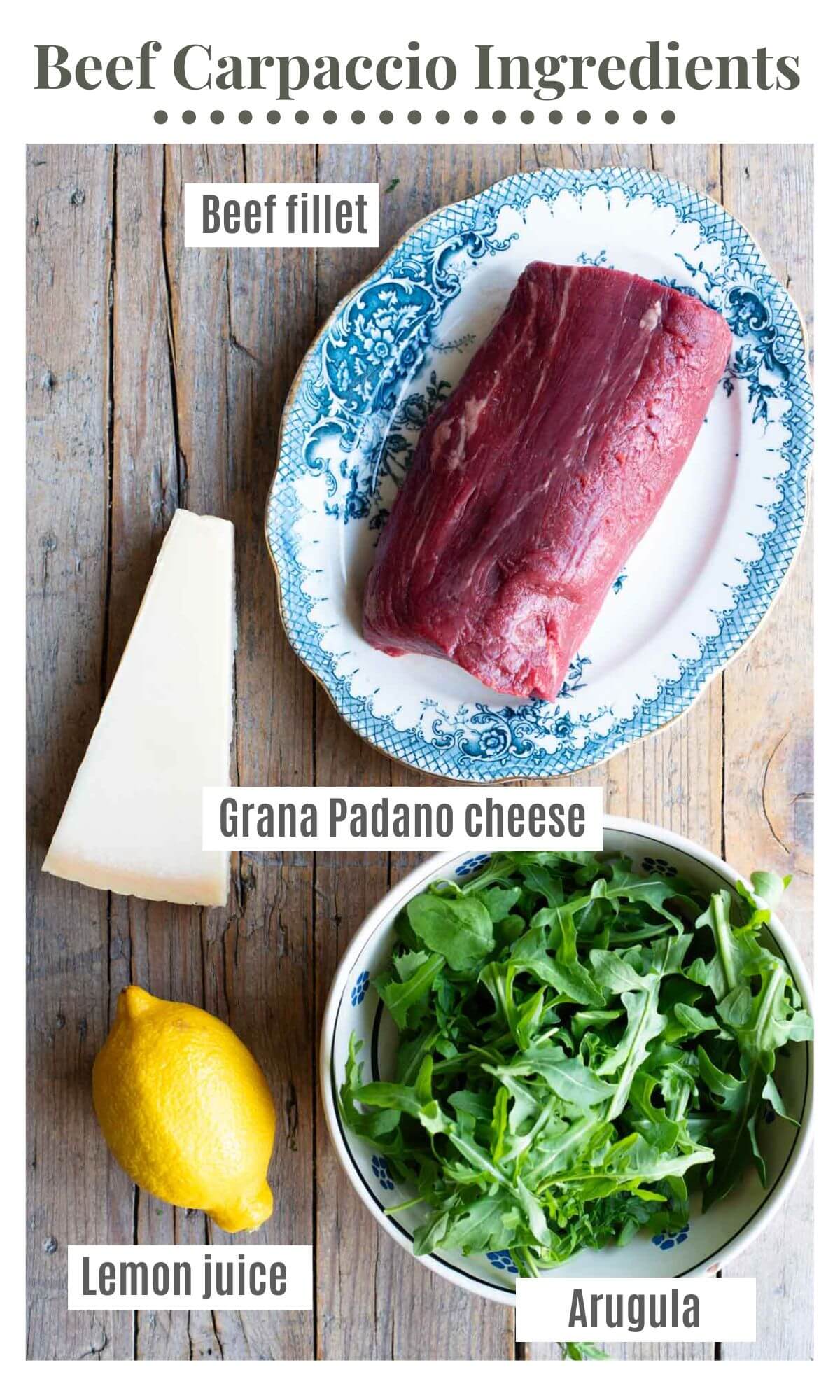 An overhead shot of all the ingredients needed to make a classic beef carpaccio.