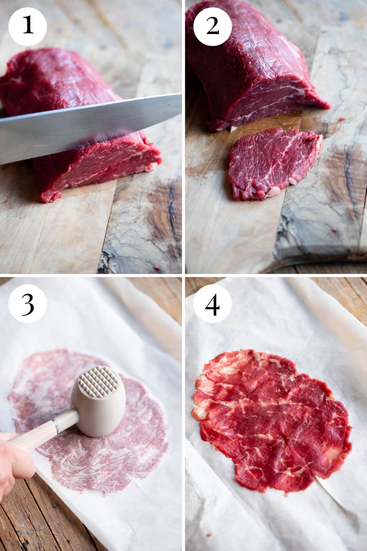Four photos in a collage showing how to cut and bash beef fillet to make carpaccio.