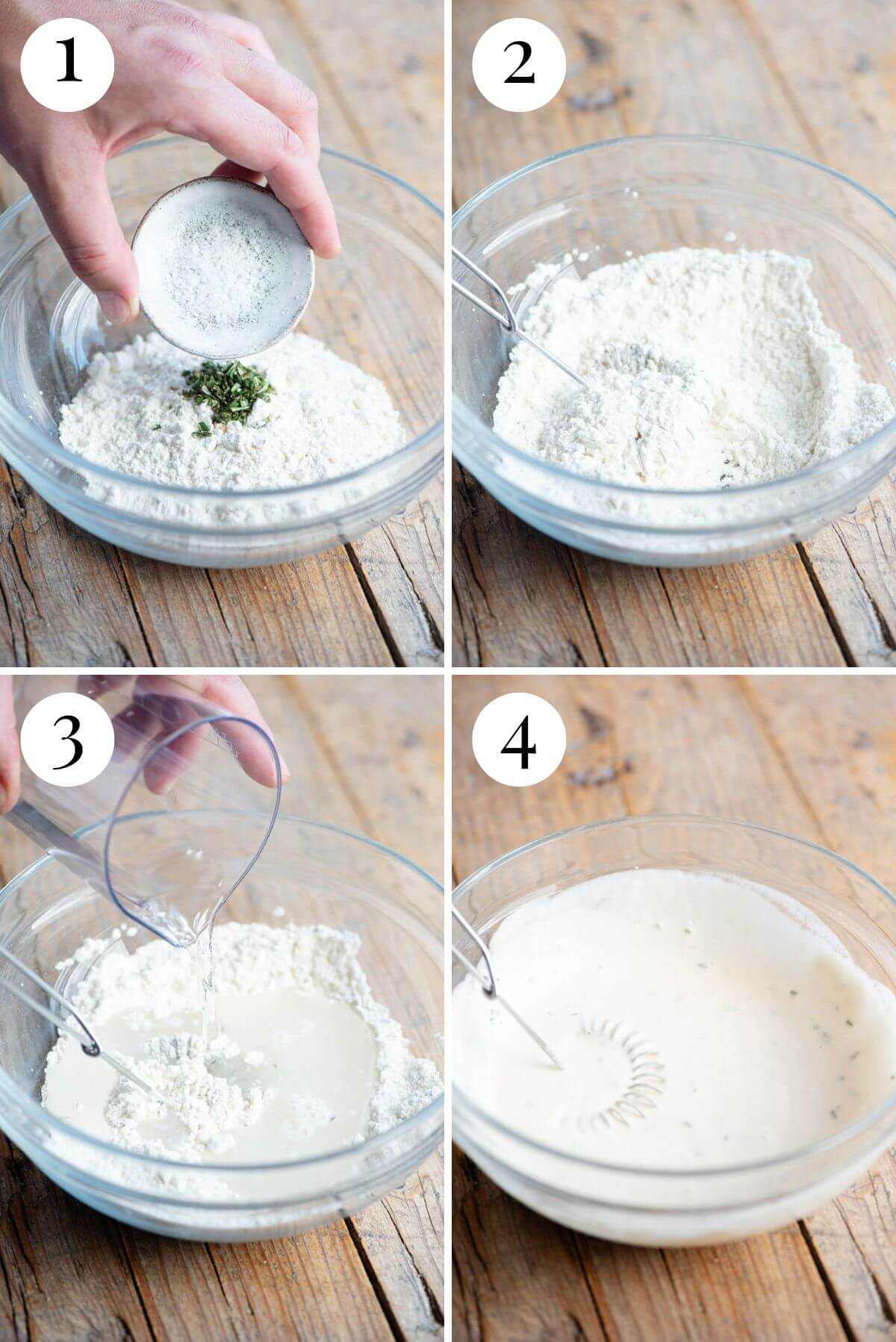 Four photos in a collage showing how to make Brustengo batter.