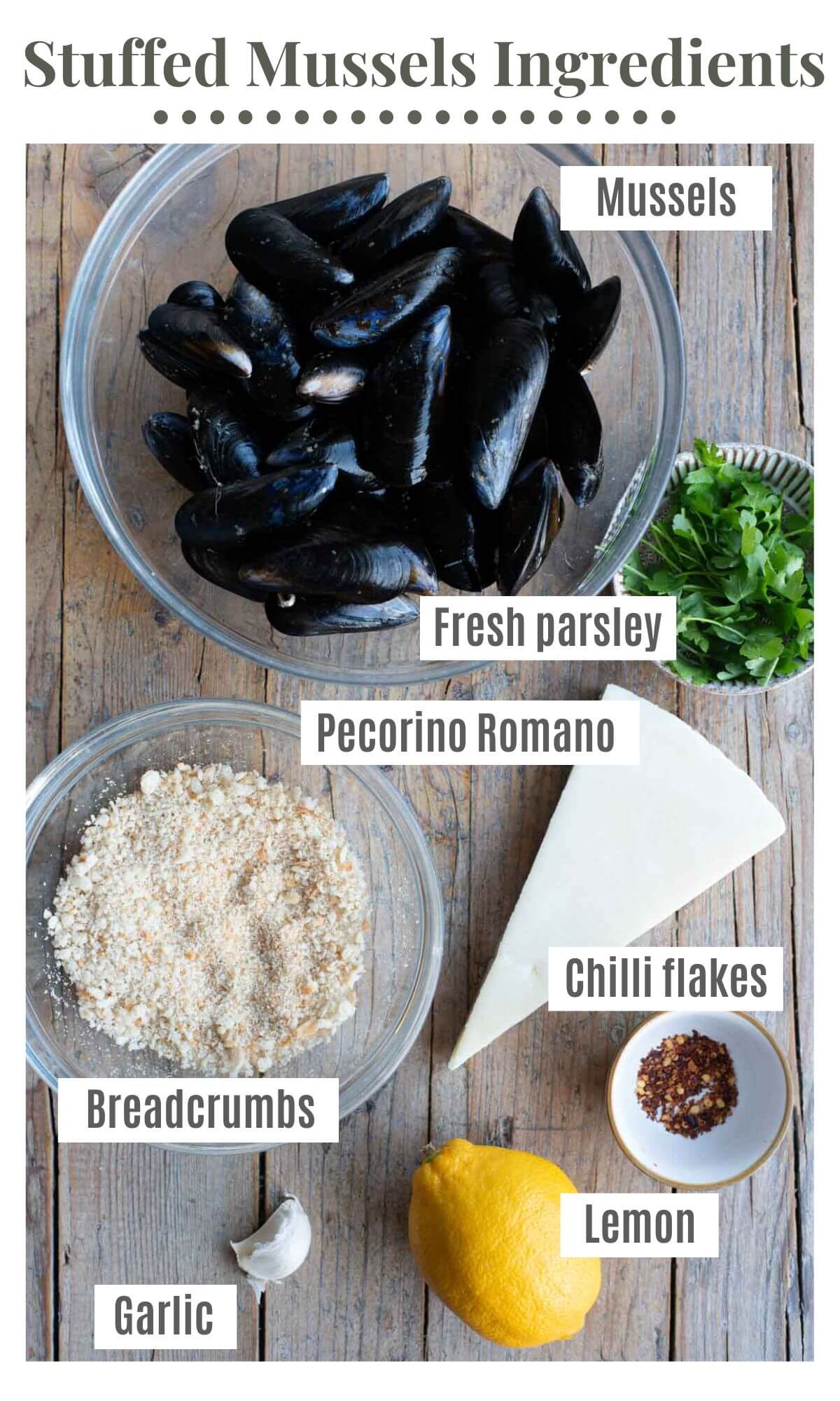 An overhead shot of all the ingredients needed to make Italian stuffed mussels.