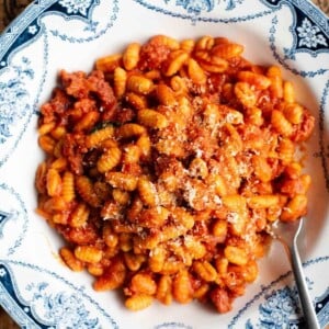 A close up cropped image of Malloreddus alla Capidanese (Sardinian Ragu).