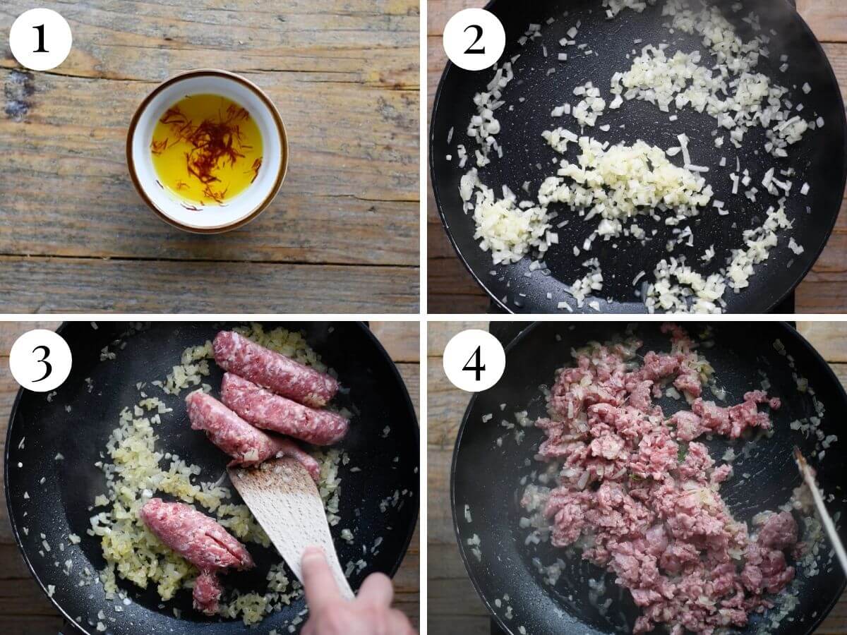 Four photos in a collage showing how to bloom saffrom and saute onions and sausages.