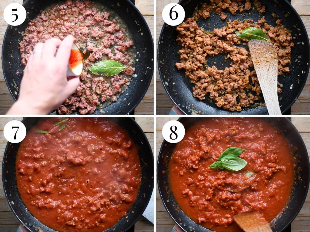 Four photos in a collage showing how to make a sausage, saffron and tomato sauce.