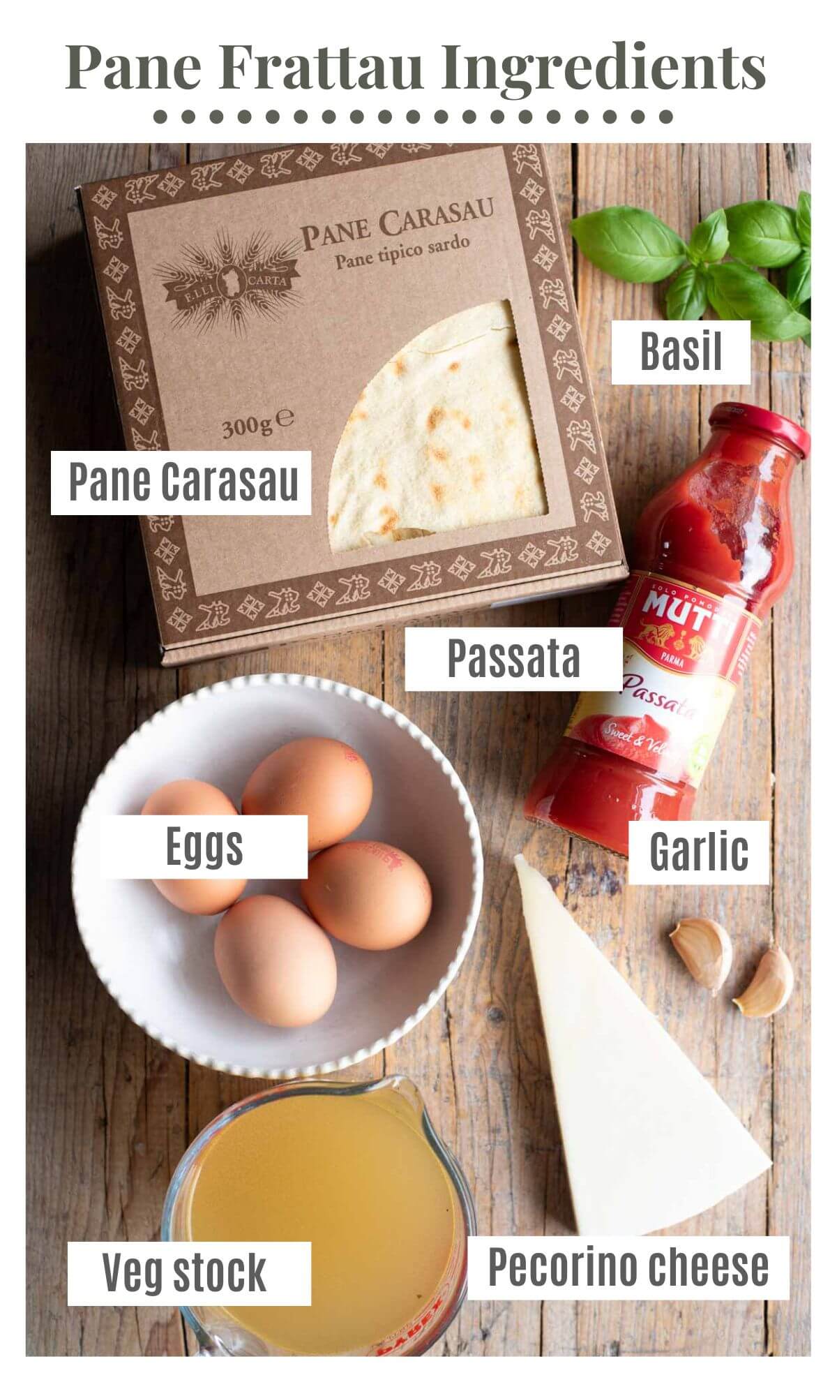 An overhead shot of all the ingredients needed to make Sardinian Pane Frattau.