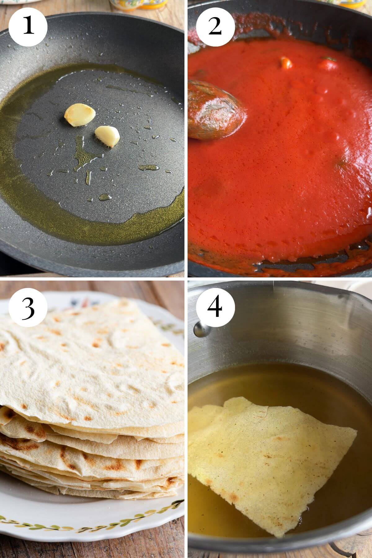 Four photos in a collage showing how to make a simple tomato sauce and drunk Pane Carasau in stock.