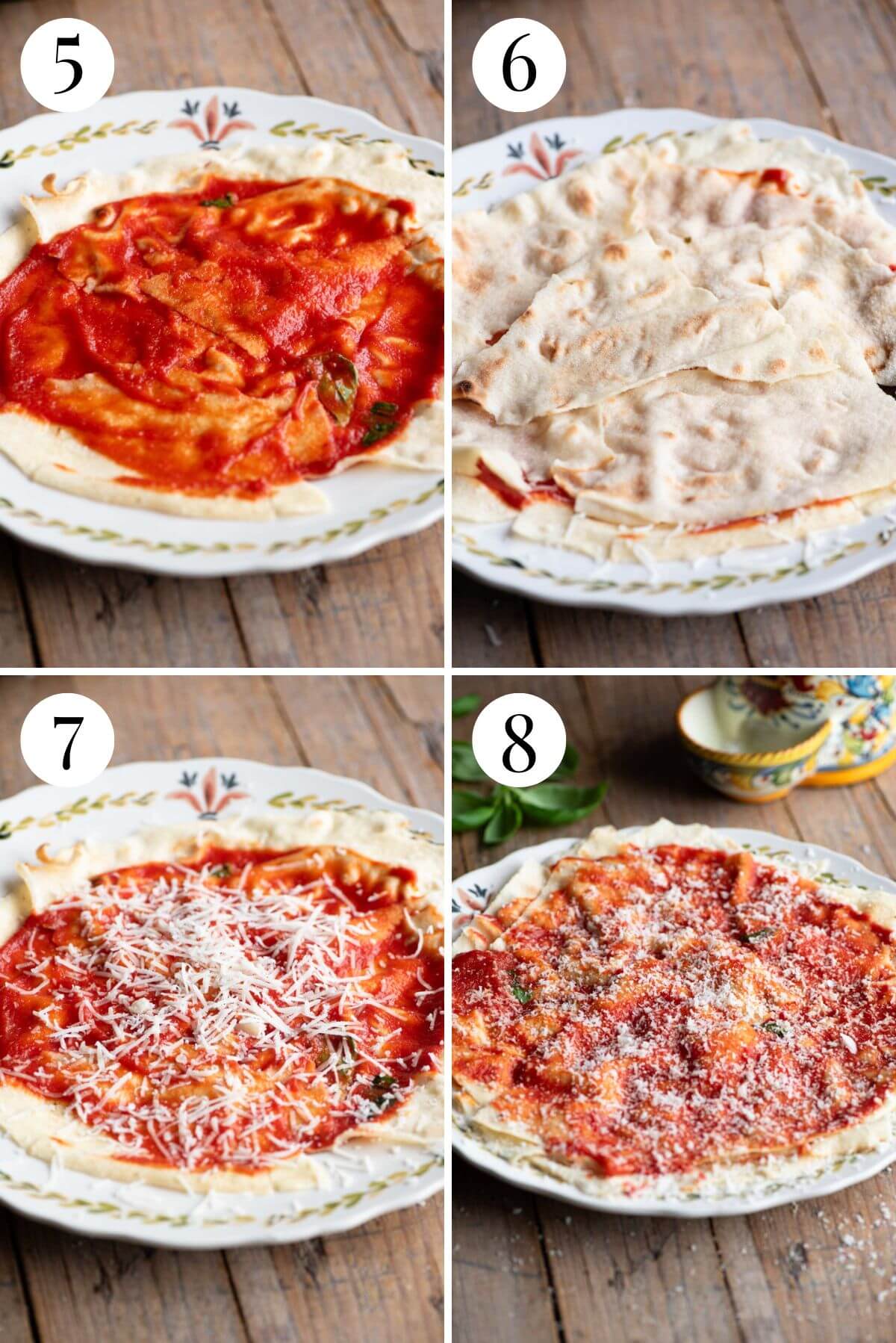 Four photos in a collage showing how to assemble Pane Frattau.