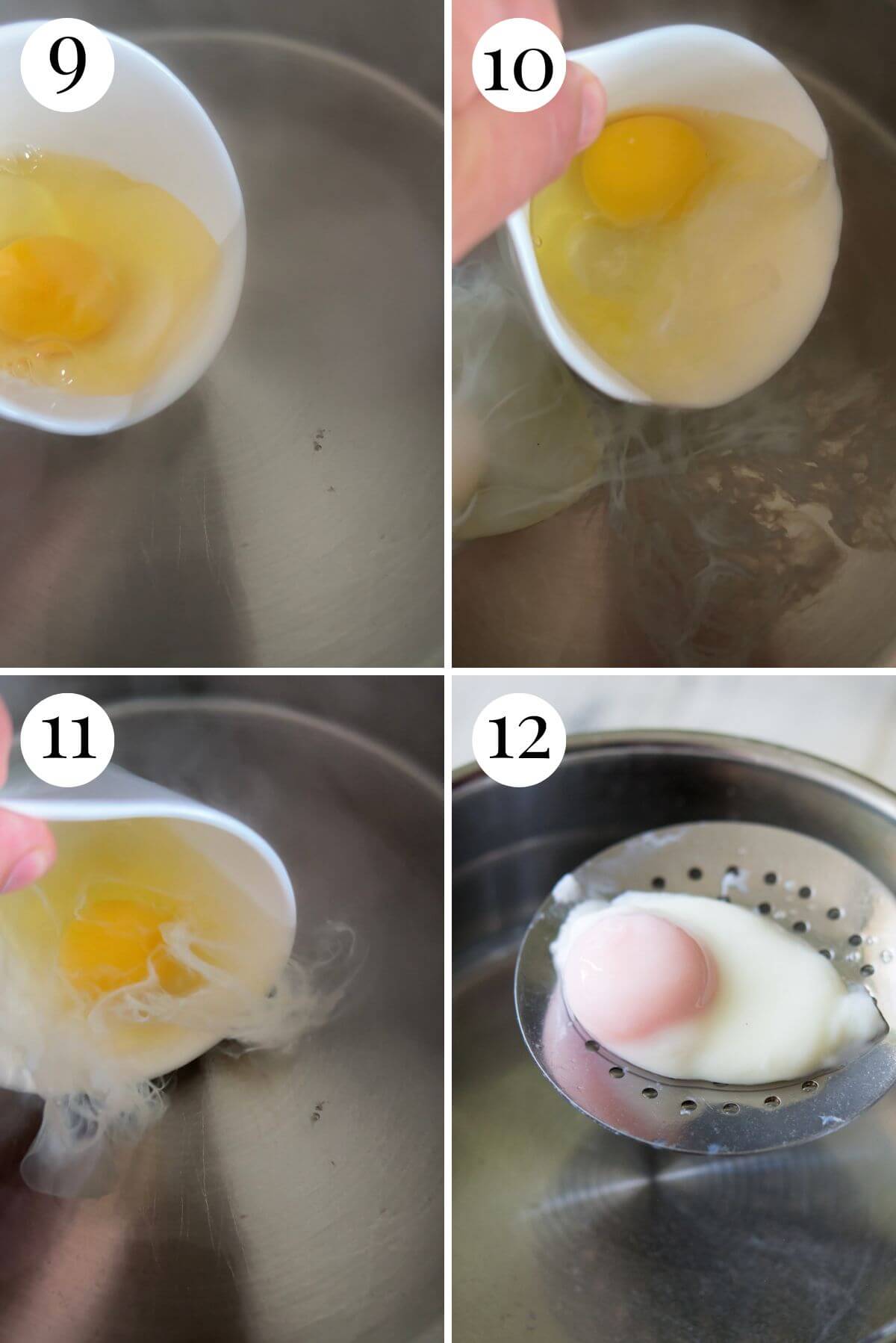 Four photos in a collage showing how to poach eggs.