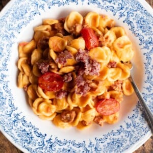An overhead shot of pasta with sausage, tomato and burrata in a blue and white bowl.