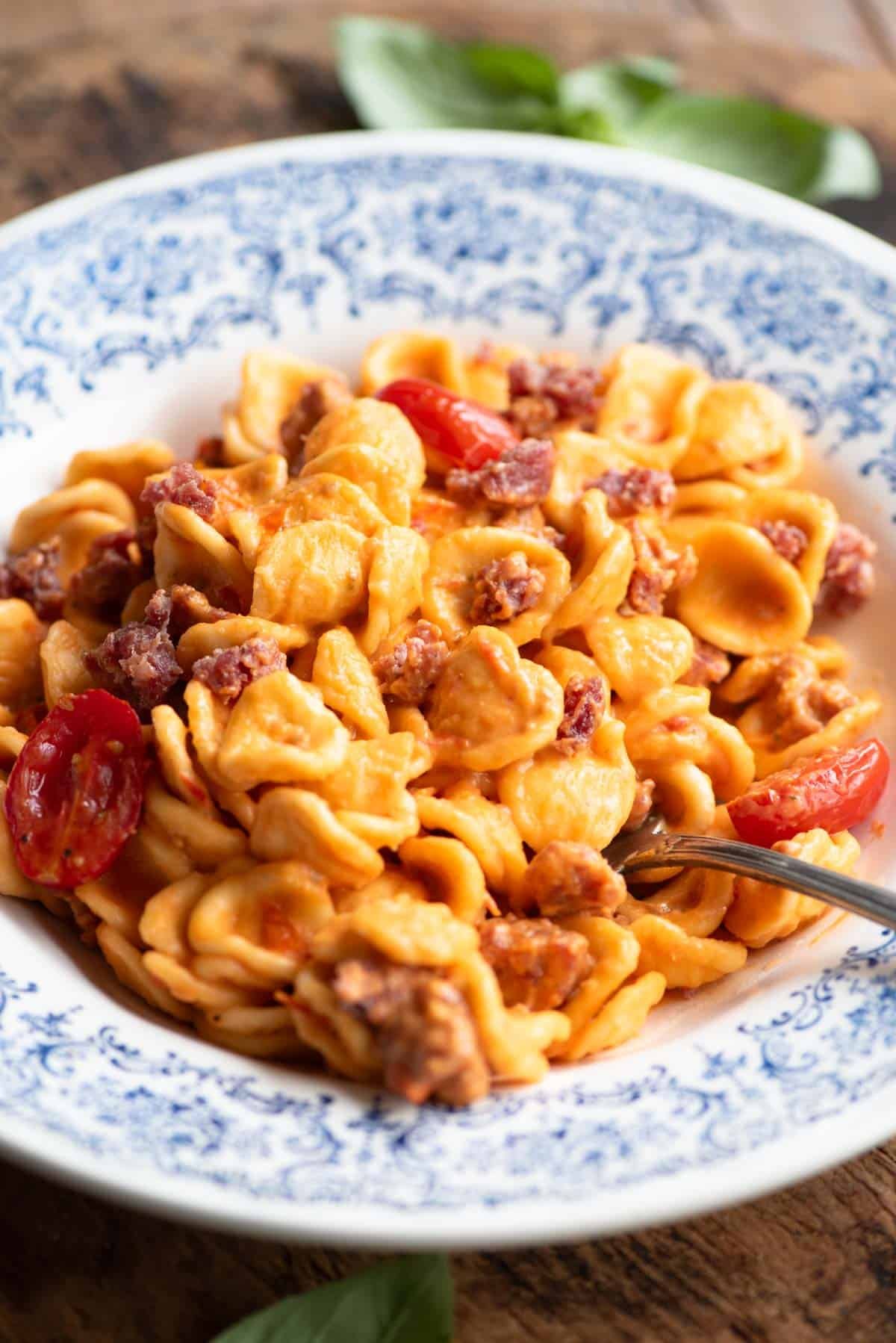 A close up side shot of orecchiette pasta with a sausage, tomato and burrata sauce in a blue patterned bowl.