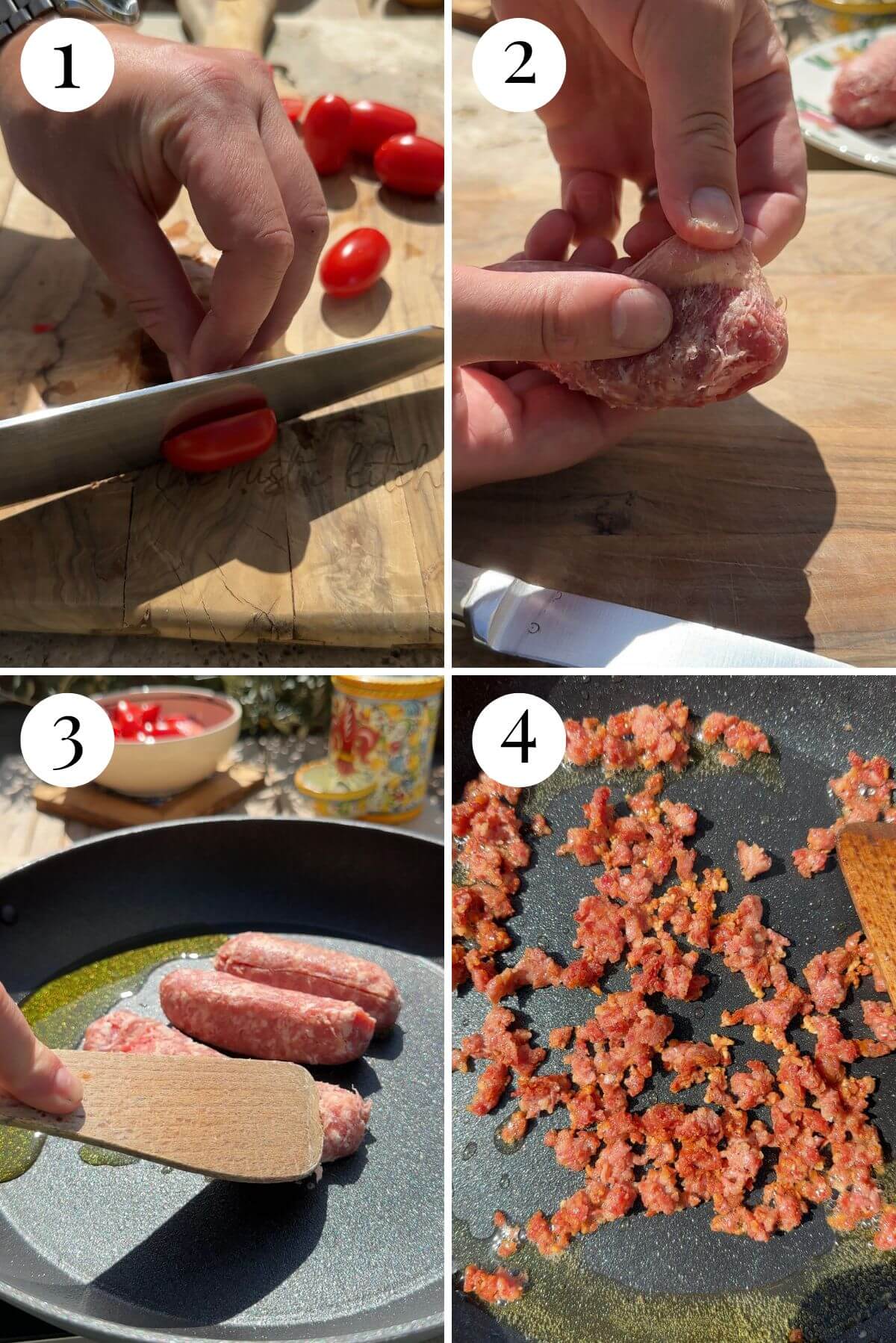Four photos in a collage showing how to slice tomatoes and brown sausage.