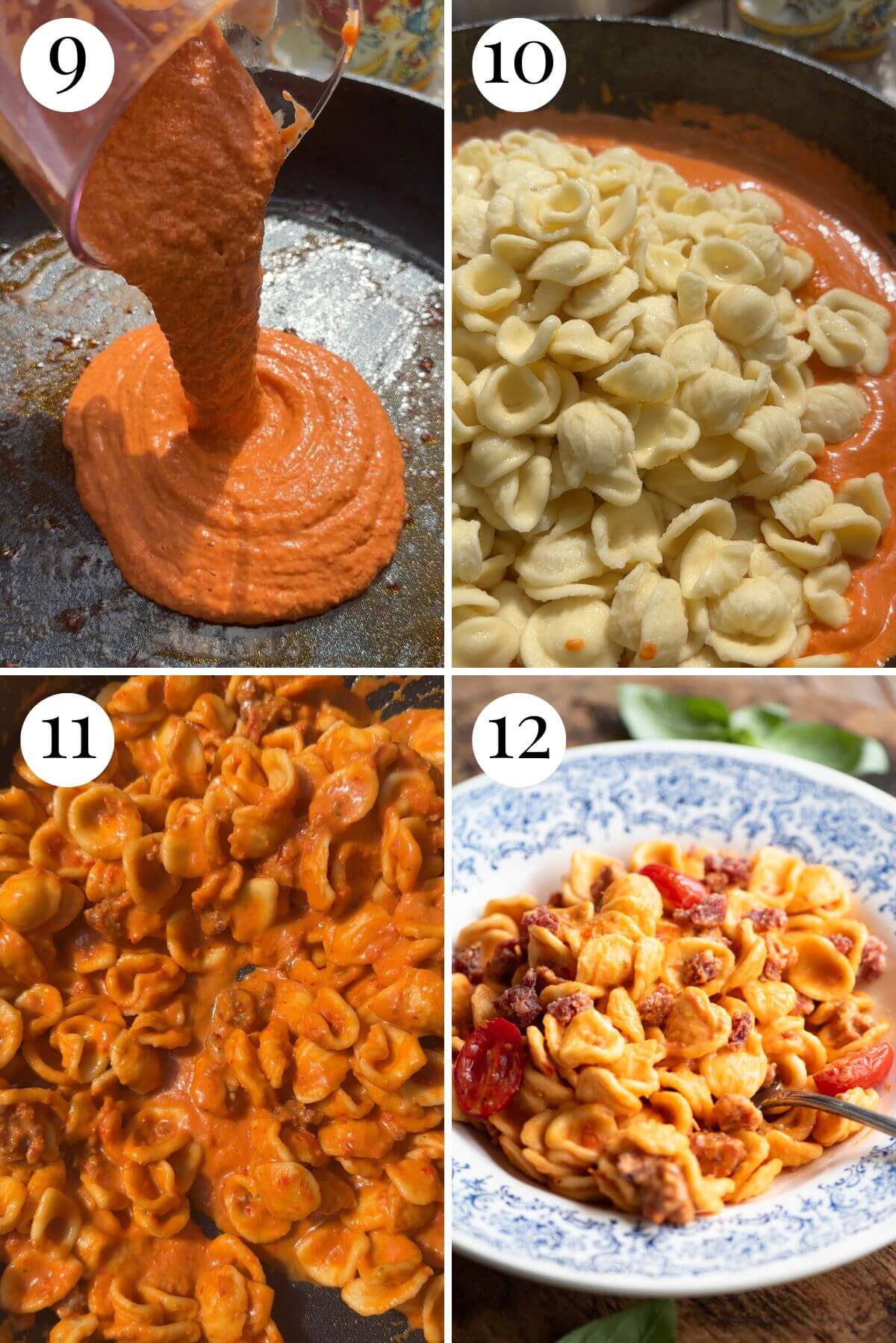 Four photos in a collage showing how to toss pasta with sauce, sausage and tomatoes.