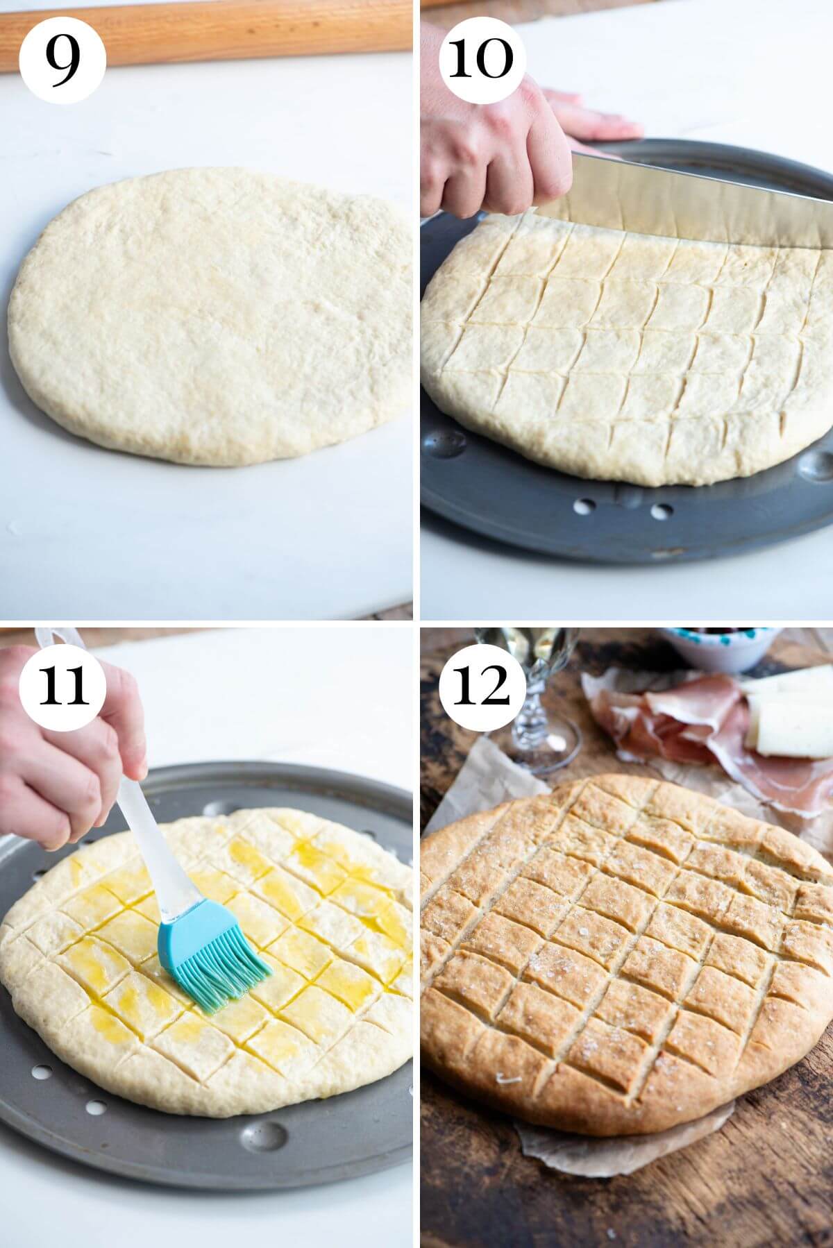 Four photos in a collage showing how to score and bake Pizza Scima.