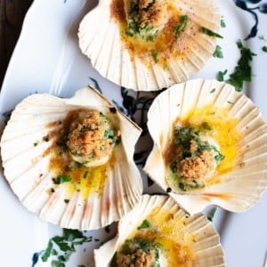 An overhead shot of four scallops in their shells sitting on a white serving platter.