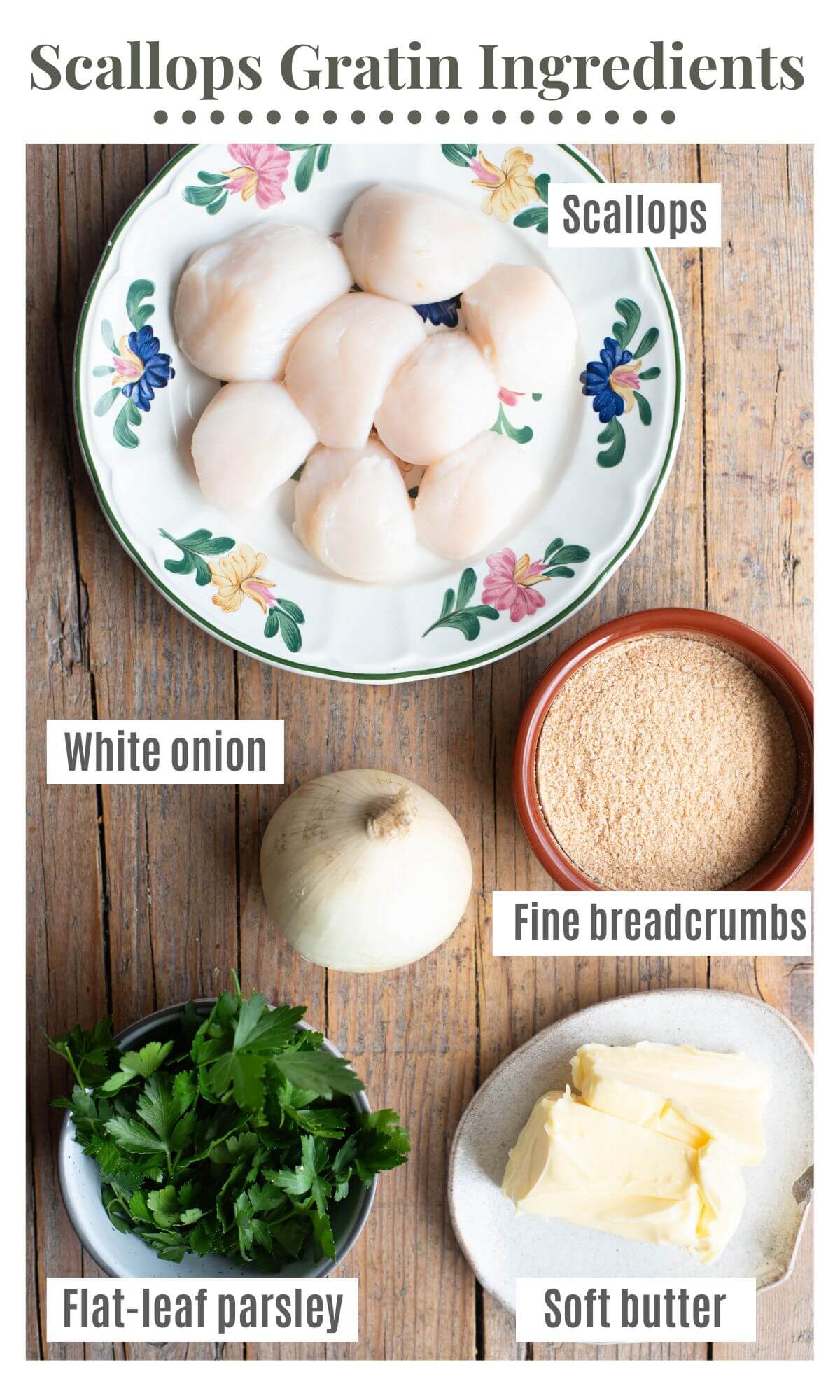 An overhead shot of all the ingredients needed to make Italian scallops gratin.