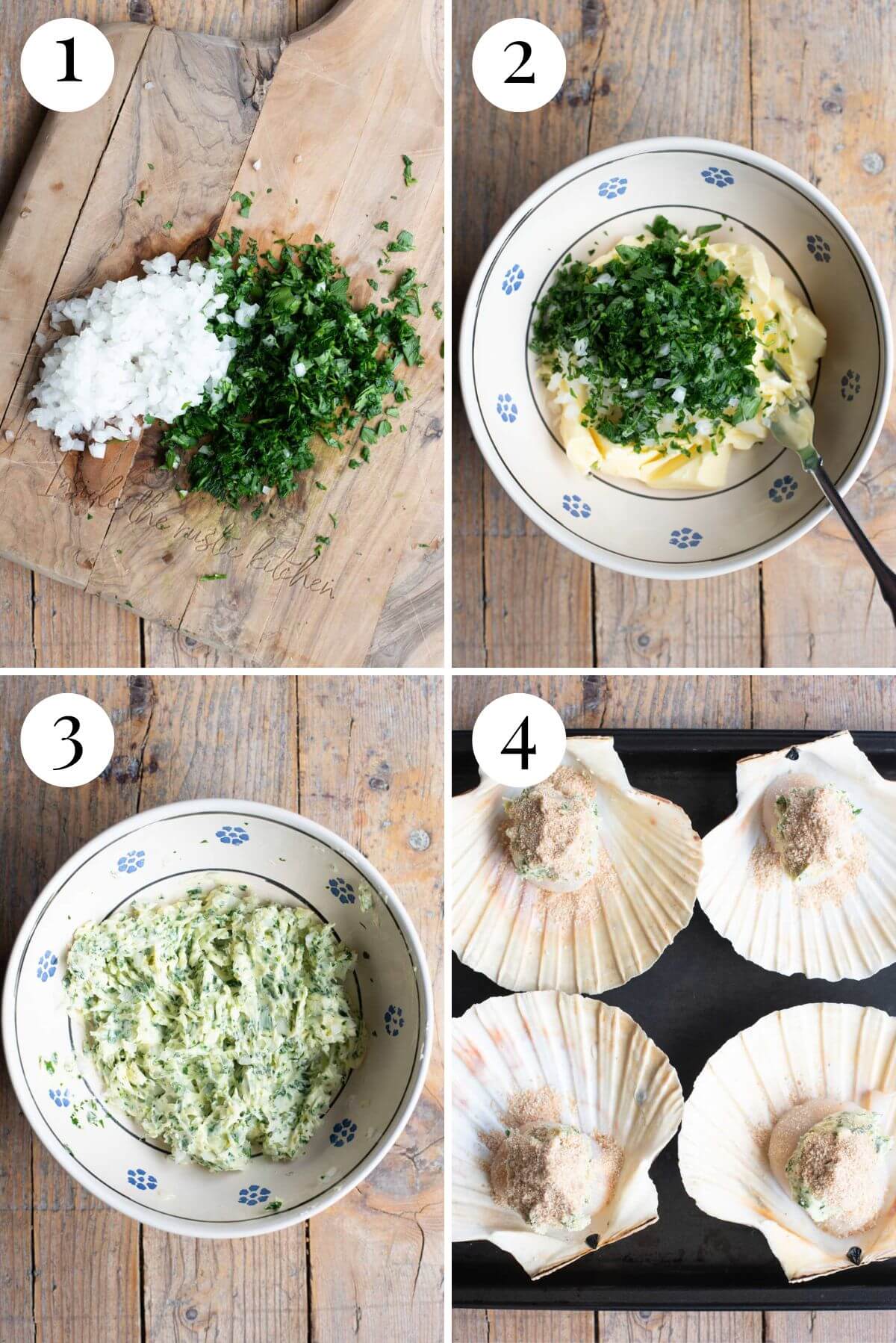 Four photos in a collage showing how to make scallops with parsley and onion butter topped with breadcrumbs.