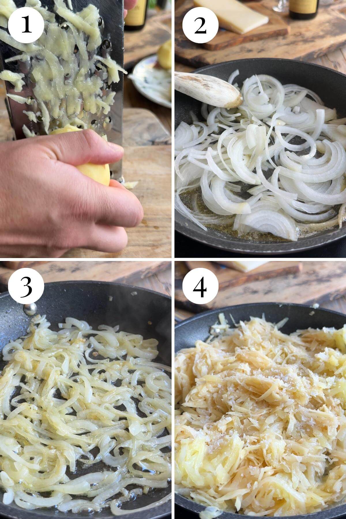 Four photos in a collage showing how to grate potato and saute onion and potato in a pan.