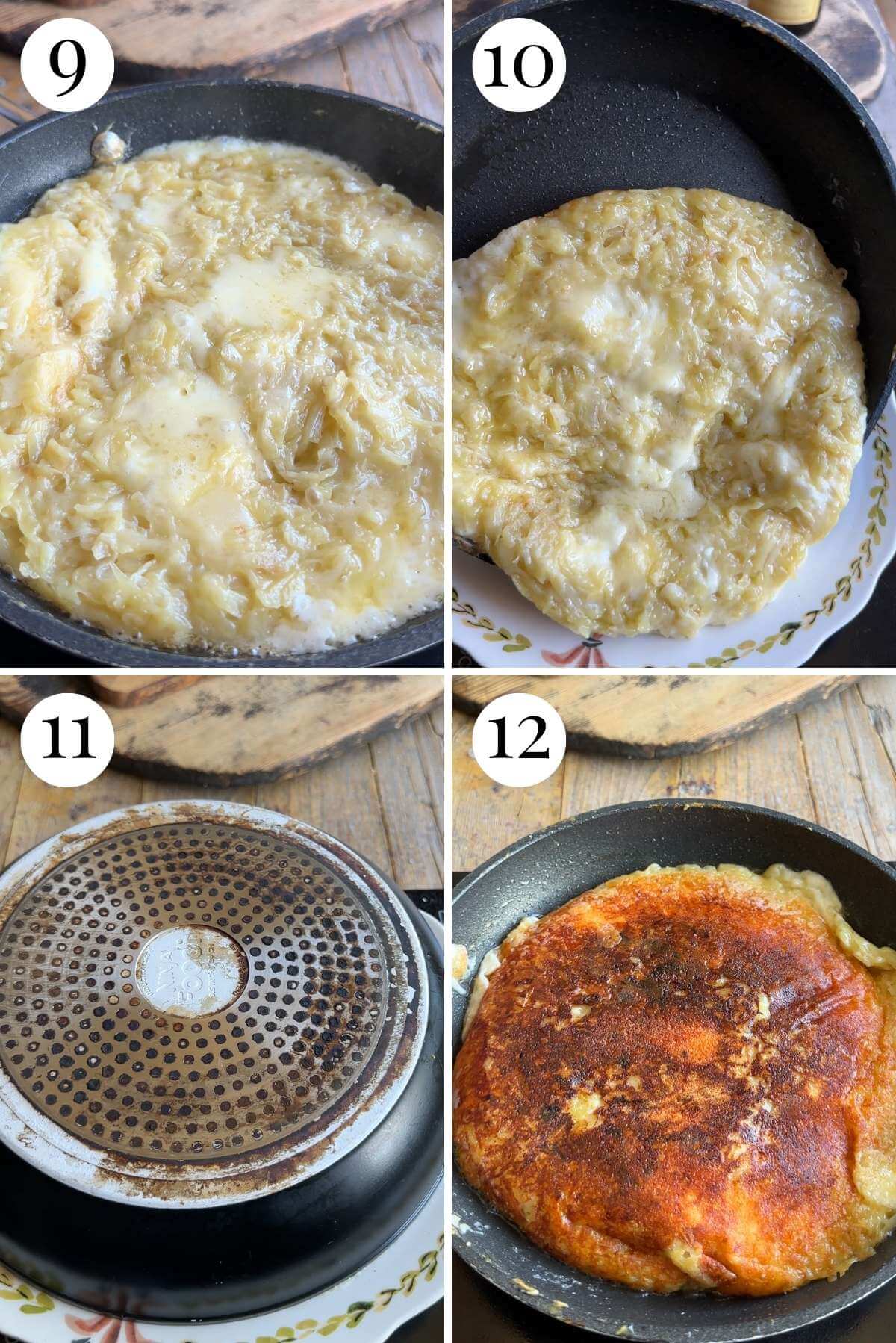 Four photos in a collage showing how to flip Frico over to cook the other side.