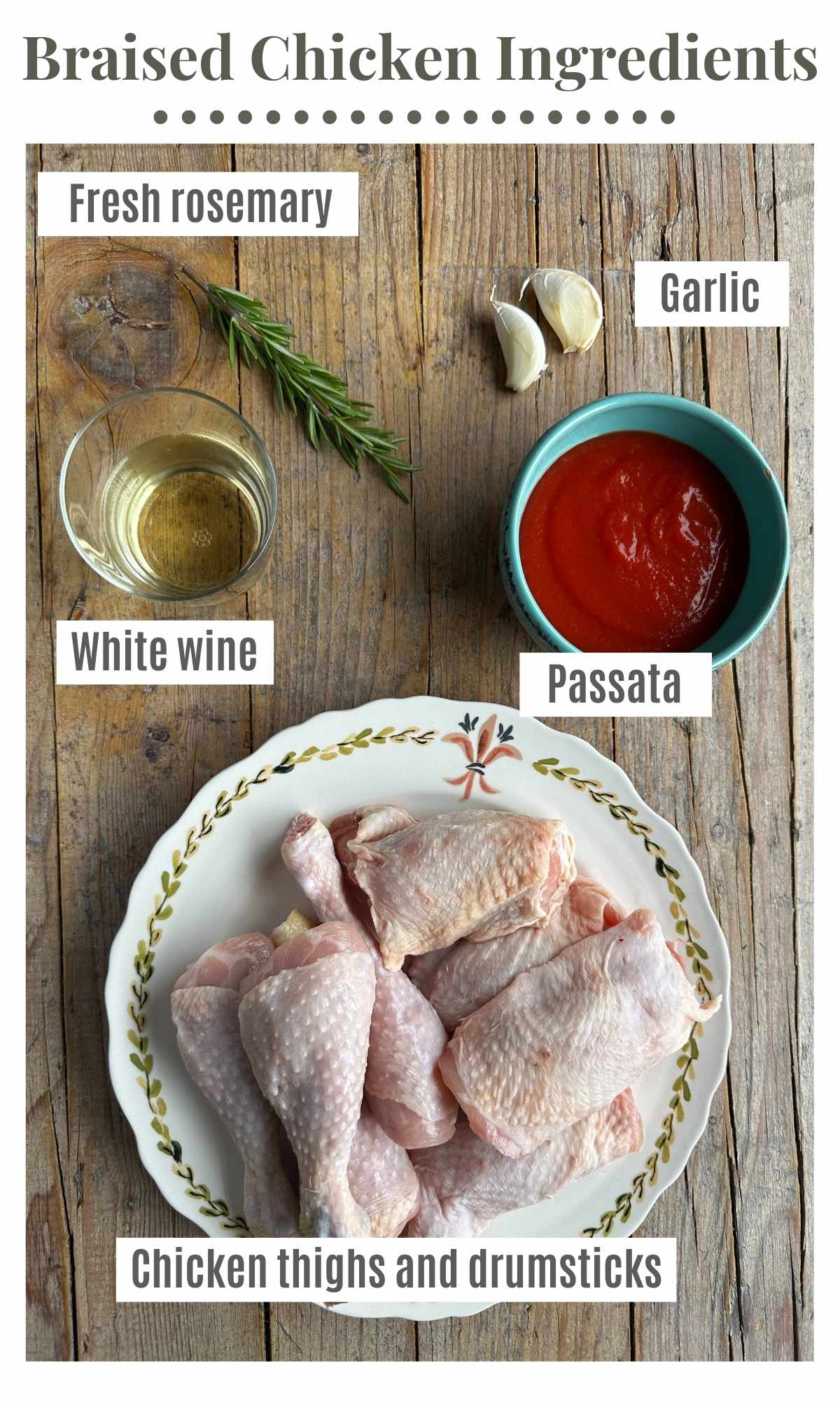 An overhead shot of all the ingredients needed to make Pollo in Potacchio, Italian braised chicken.