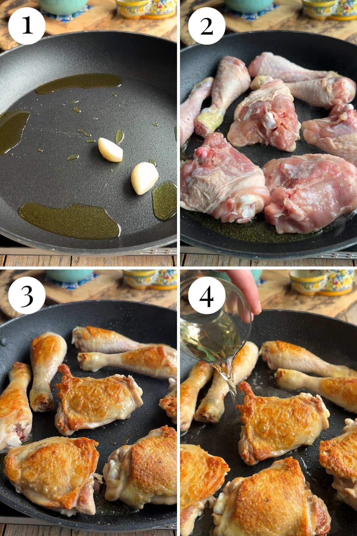 Four photos in a collage showing how to brown chicken and saute garlic.