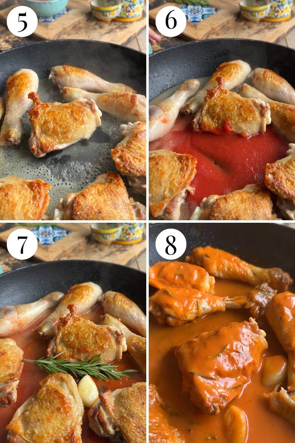 Four photos in a collage showing how to braise chicken in tomato sauce.