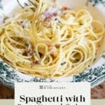 A Pinterest graphic showing a fork picking up some spaghetti with pancetta and onions.