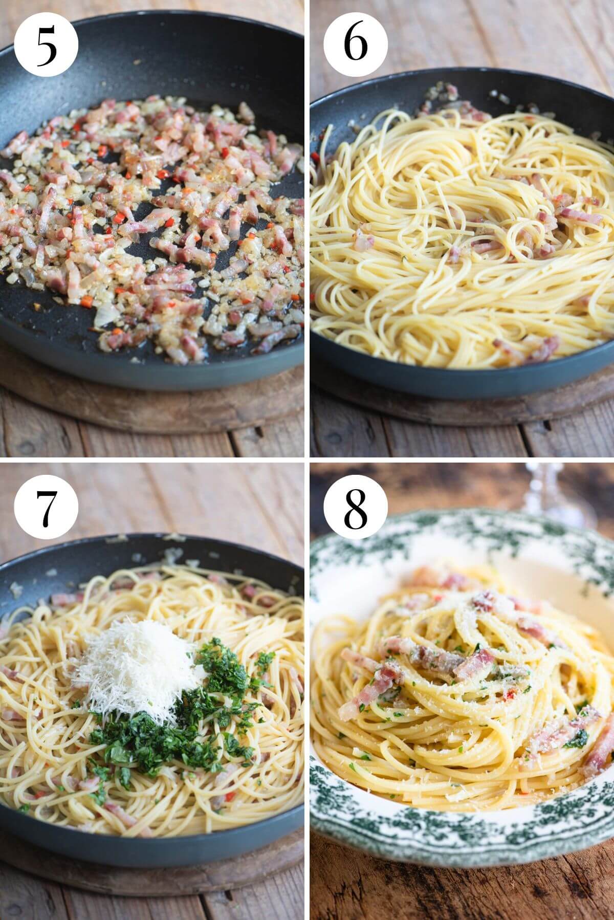 Four photos in a collage showing how to finish making Spaghetti alla Molisana.