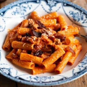 A close up of pasta alla zozzona in a blue and white bowl.