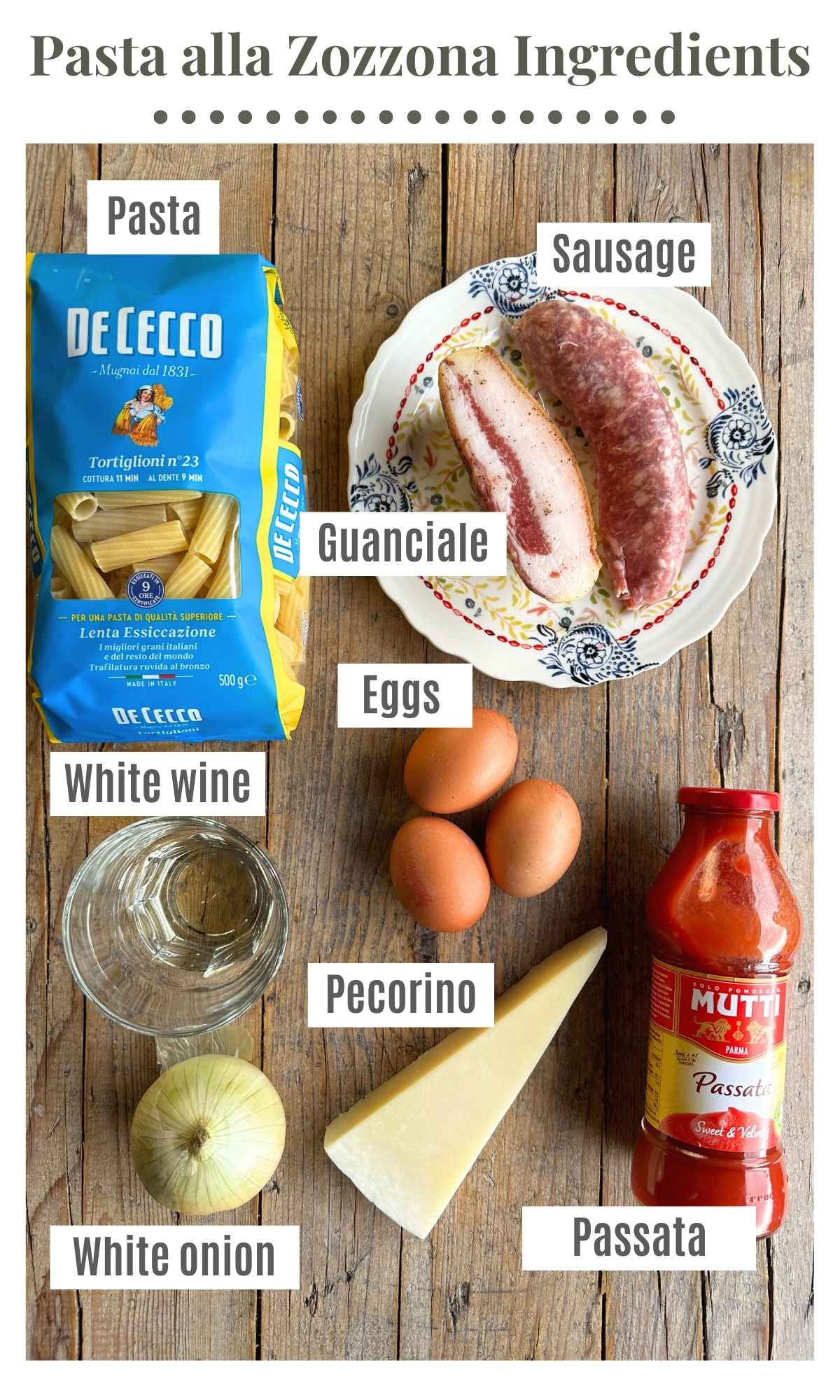 An overhead shot of all the ingredients needed to make pasta alla zozzona.