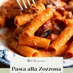 A Pinterest graphic showing a close up of a fork picking up pasta.