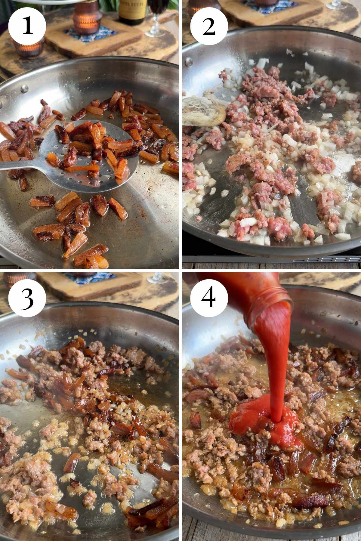 Four photos in a collage showing how to make pasta alla zozzona with guanciale, sausage, onion and tomato.