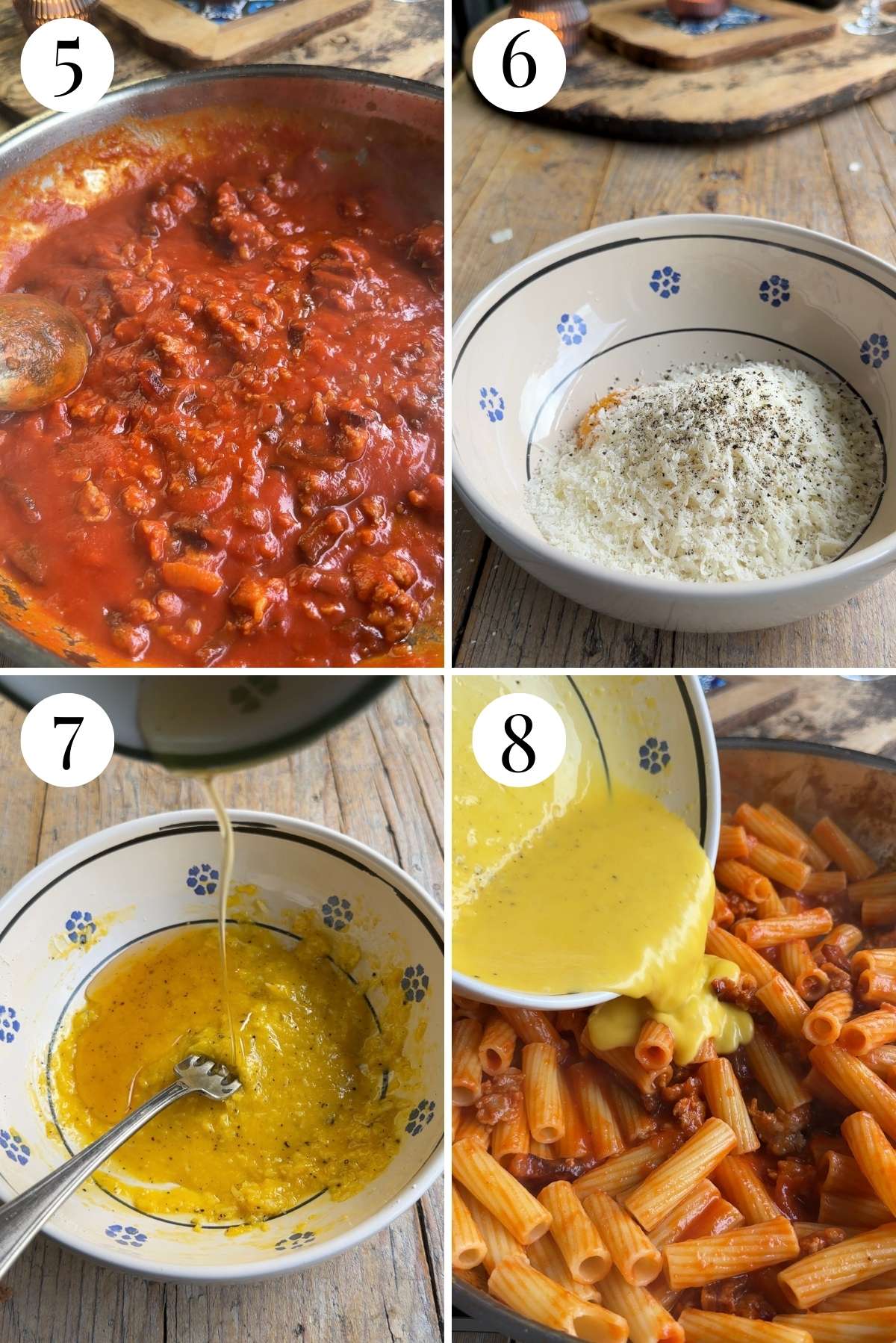 Four photos in a collage showing how to add an egg yolk mixture to pasta alla zozzona.