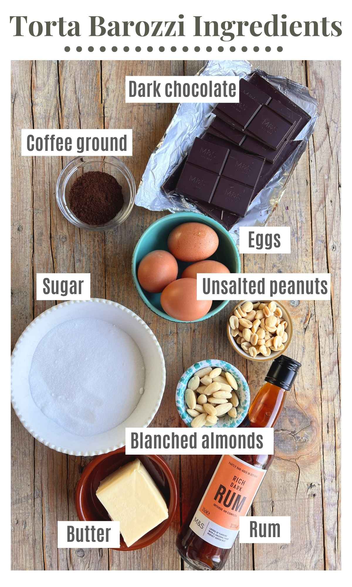 An overhead shot of all the ingredients you need to make Torta Barozzi.
