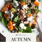 A pinterest graphic of a butternut squash, farro and gorgonzola salad. The text overlay reads: Autumn Squash Salad - get the recipe.