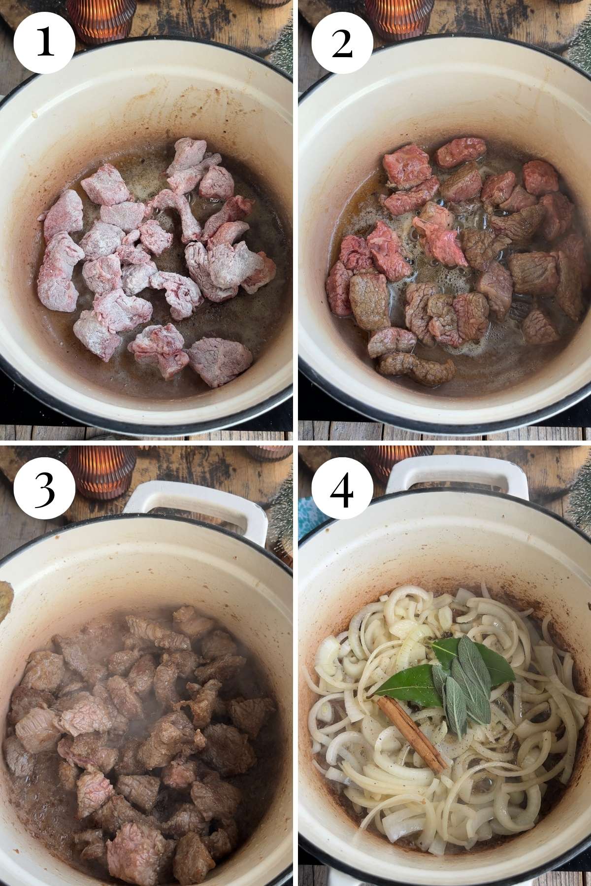 Four photos in a collage showing how to brown beef and onions.