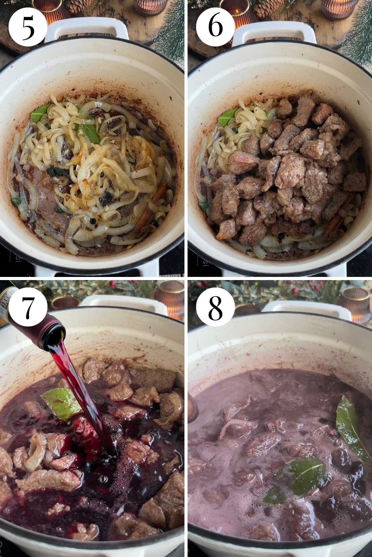 Four photos in a collage showing how to add wine and spices to a beef stew.