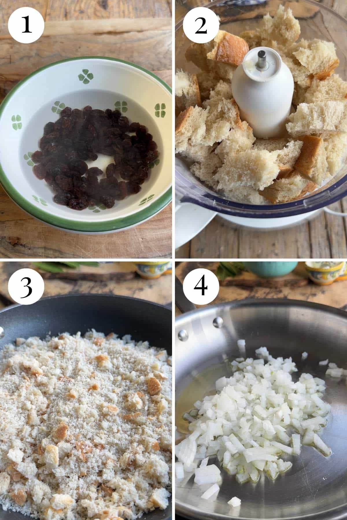 Four photos in a collage showing how to soak raisins and make breadcrumbs.