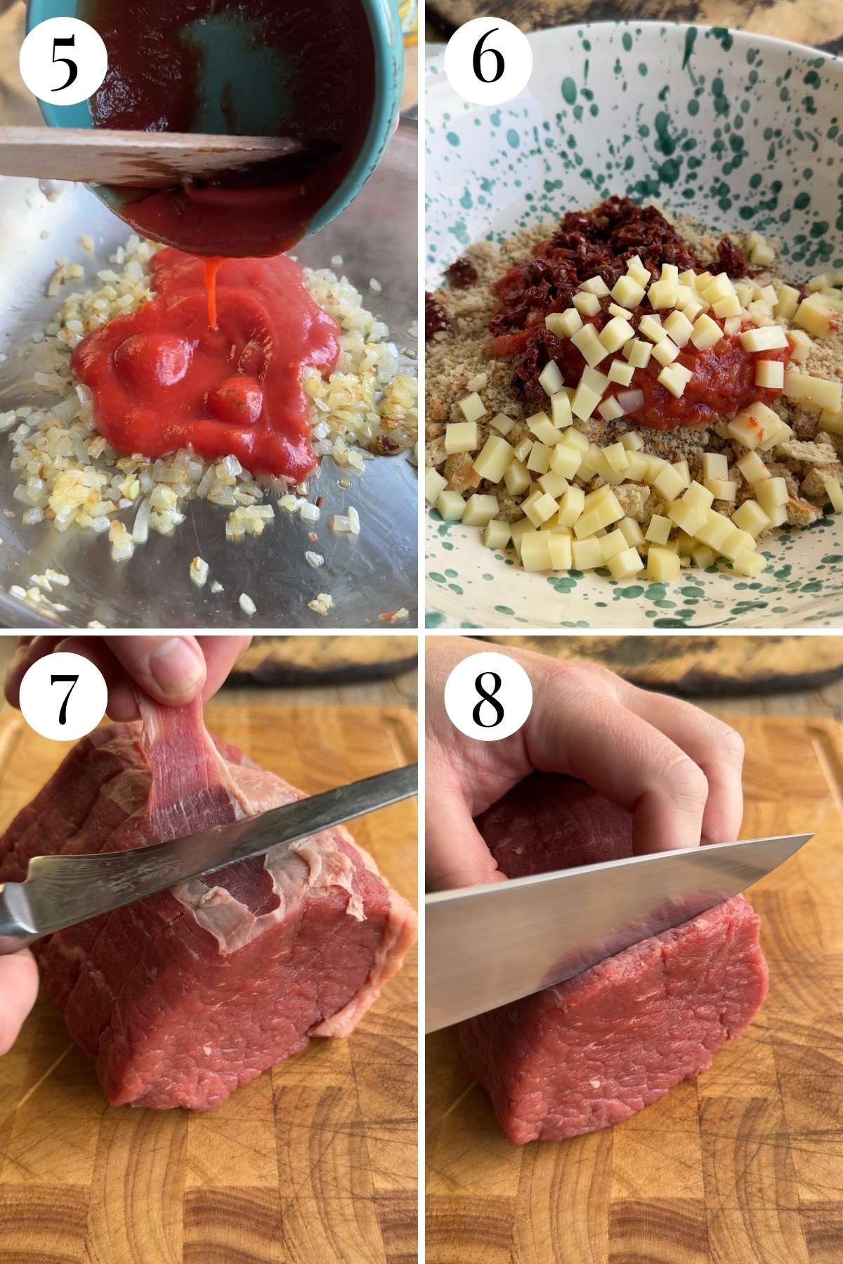 Four photos in a collage showing how to make the involtini filling and slice beef.