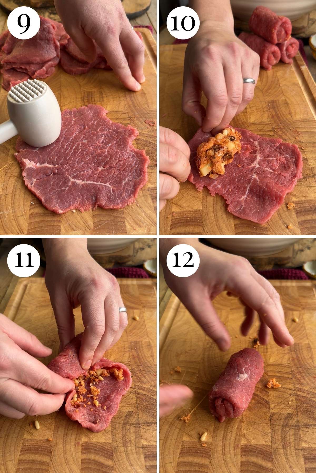 Four photos in a collage showing how to stuff and roll involtini.