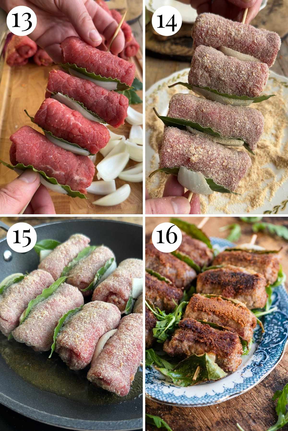 Four photos in a collage showing how to bread and fry Sicilian involtini.