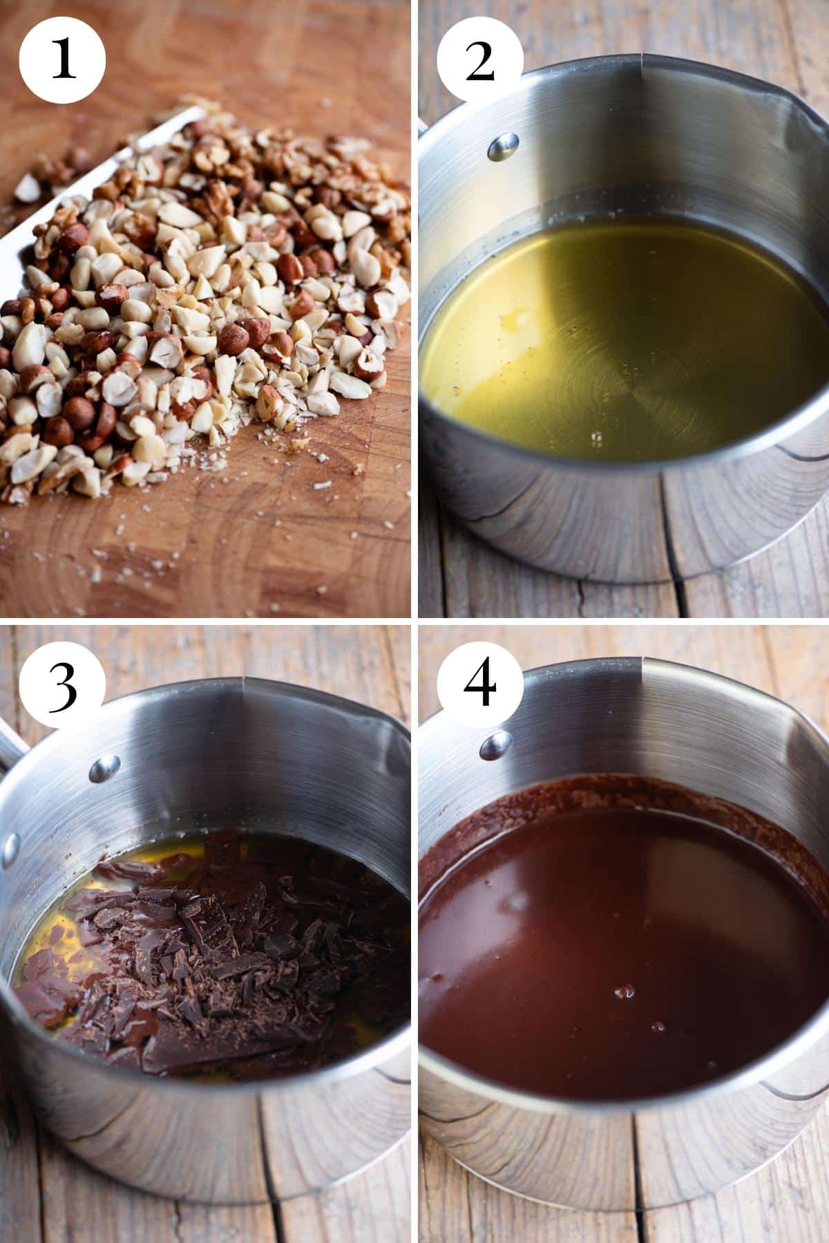 Four photos in a collage showing how to melt honey, chocolate and add nuts together.