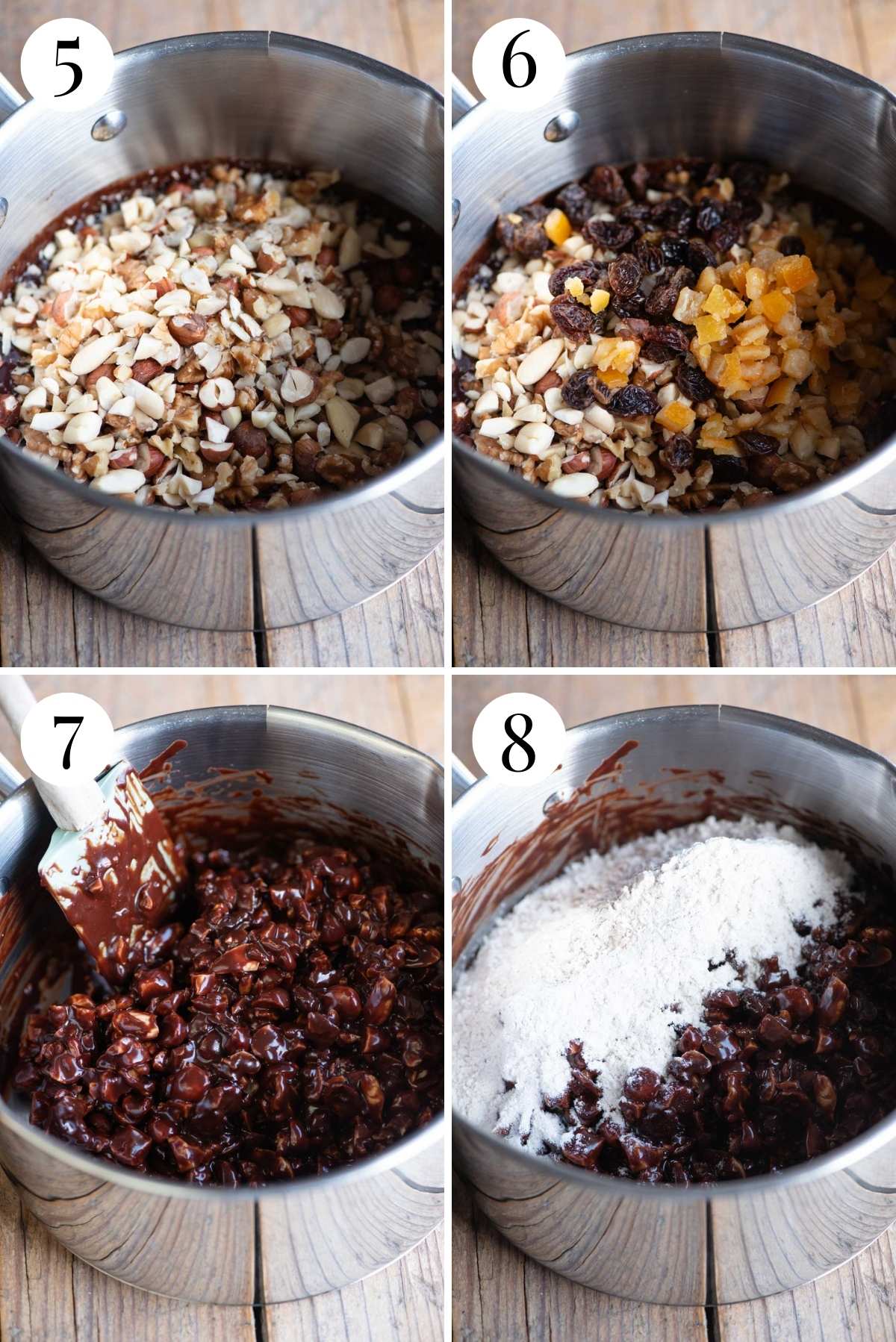 Four photos in a collage showing how to mix chocolate, fruit, nuts and flour together.